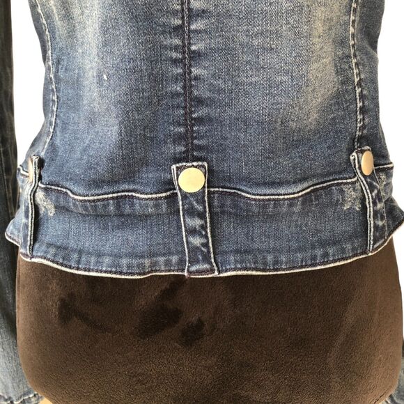 Bebe Rhinestone Embellished Stretchy Retro Y2K Denim‎ Moto Jacket Size S - Picture 10 of 14